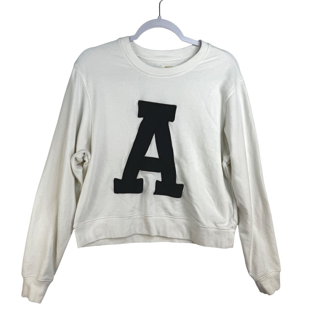 Maeve by Anthropologie White Varsity Letter A Patch Sweatshirt Medium Green - Picture 1 of 8